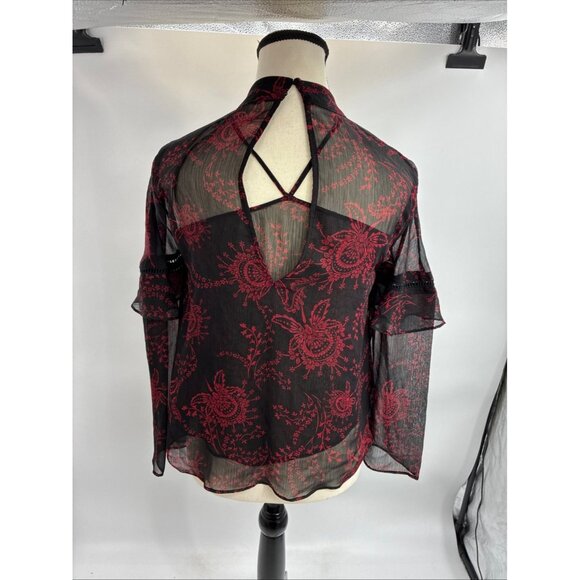 Express Women's Black Red Floral Sheer Ruffle Choker Top XS - Picture 5 of 6